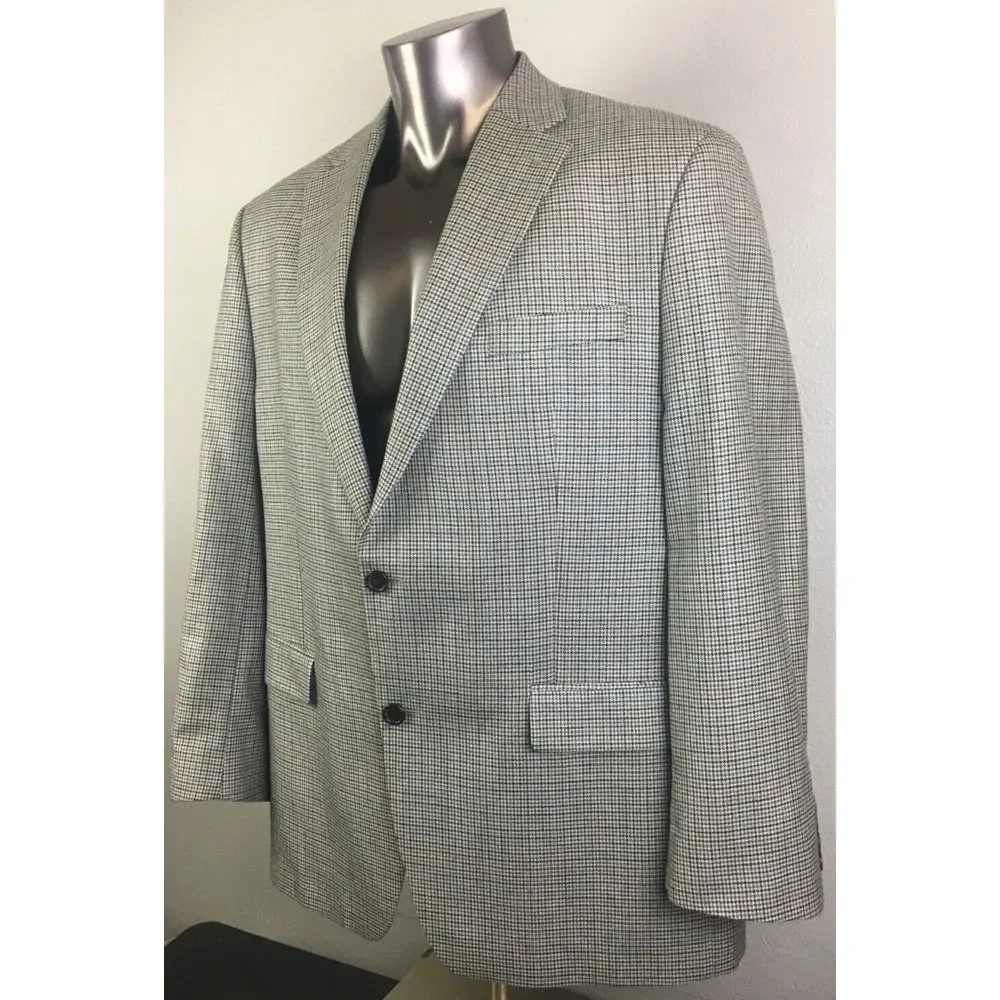 Mens Ralph Lauren Gray Houndstooth Jacket‎ 2 Button Size 46 R Silk Wool Blend